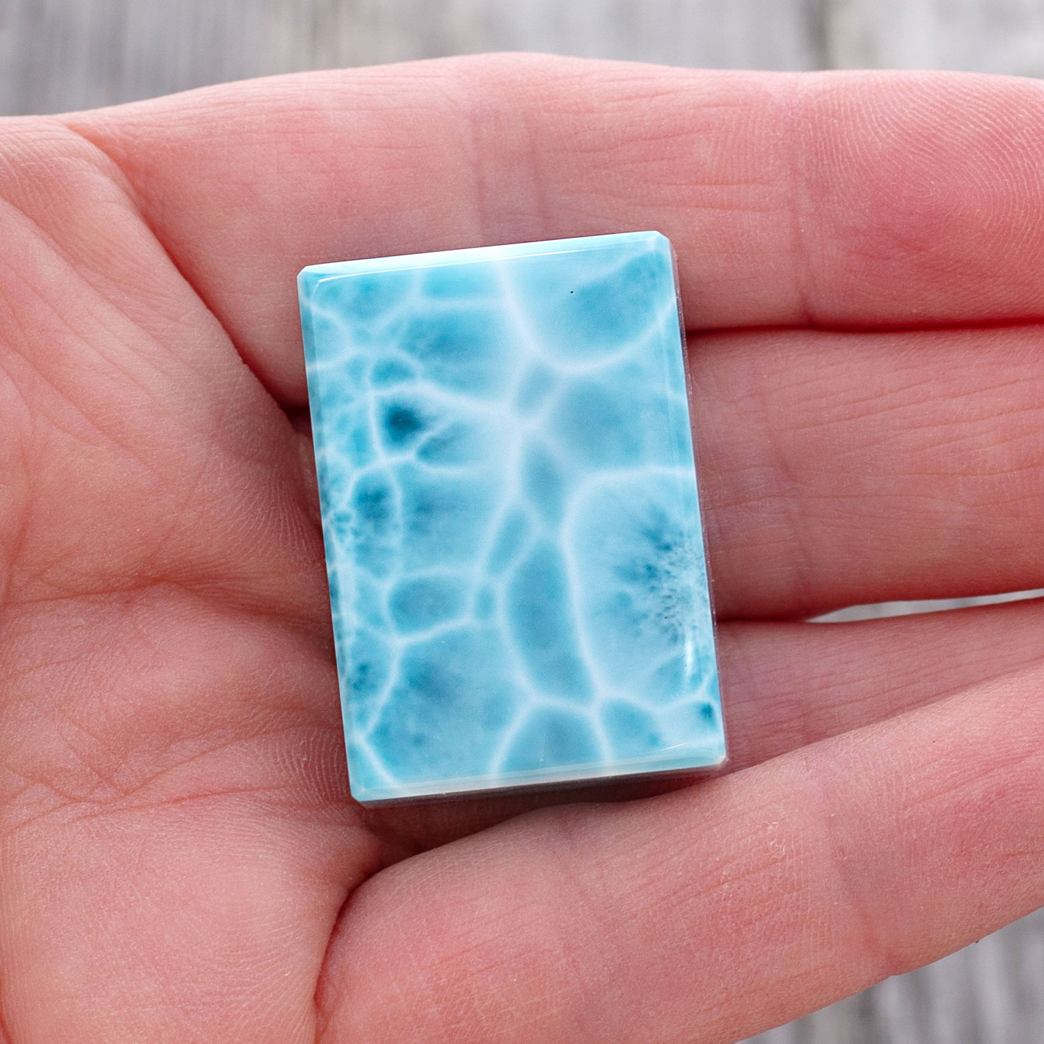 Larimar Cabochon / Fancy Cut 32x22x11,5mm kantige Rechteckform turtle pattern AAA+ matrixfrei Sammlerstück