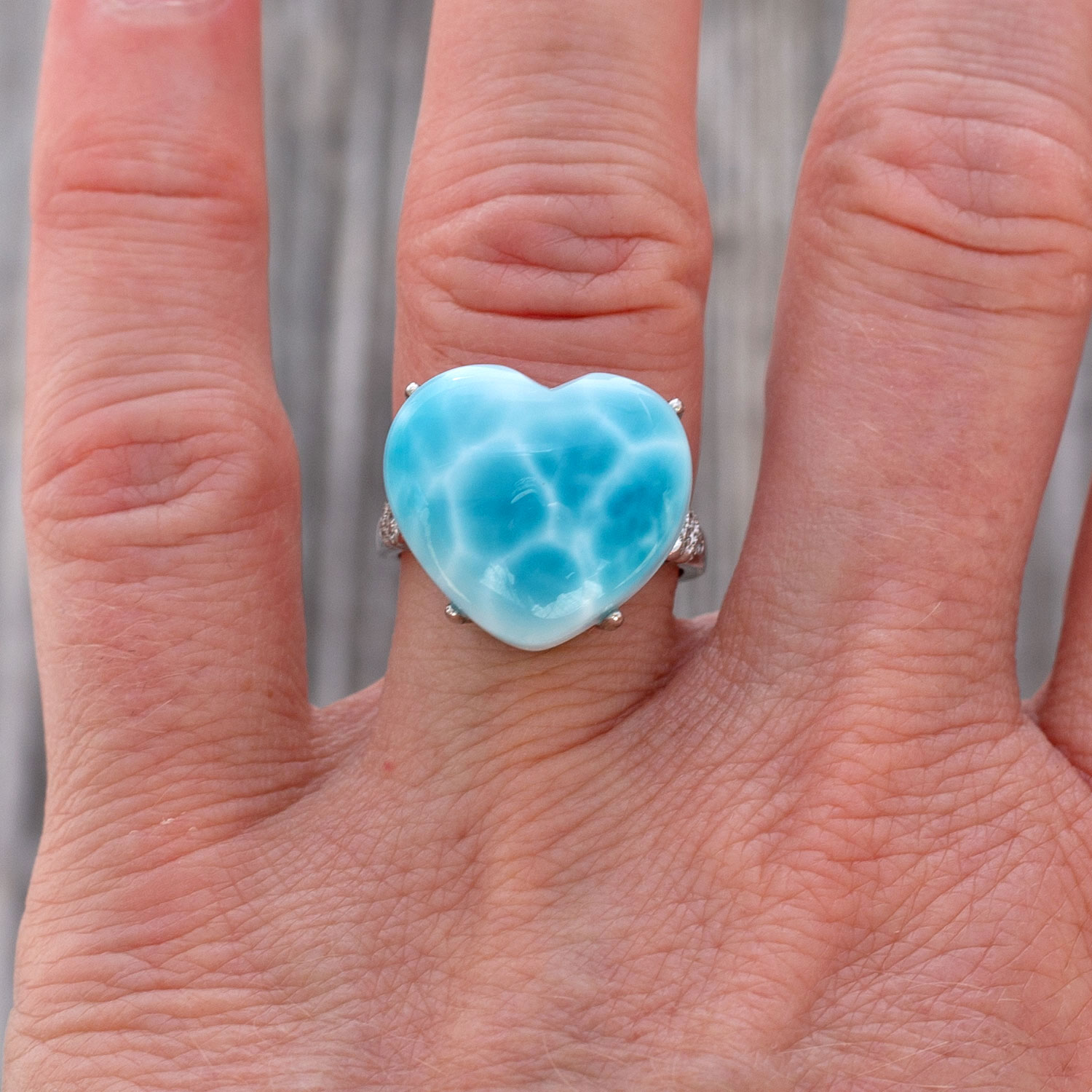 Larimar Ring Herz 18x16x7mm AAA+ / verstellbar / 925 Sterling Silber