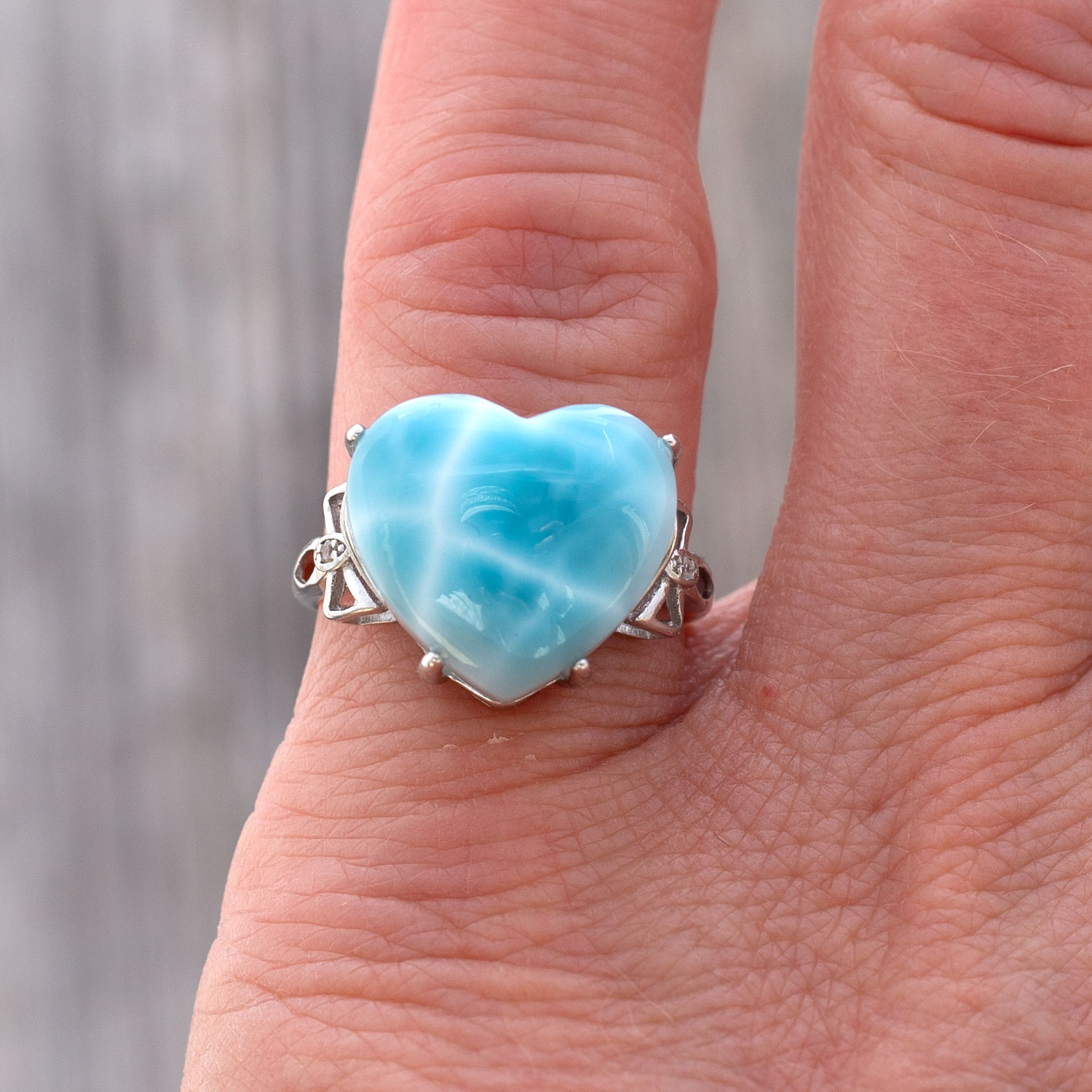 Larimar Ring Herz 15x13x7mm AAA+ / verstellbar / 925 Sterling Silber