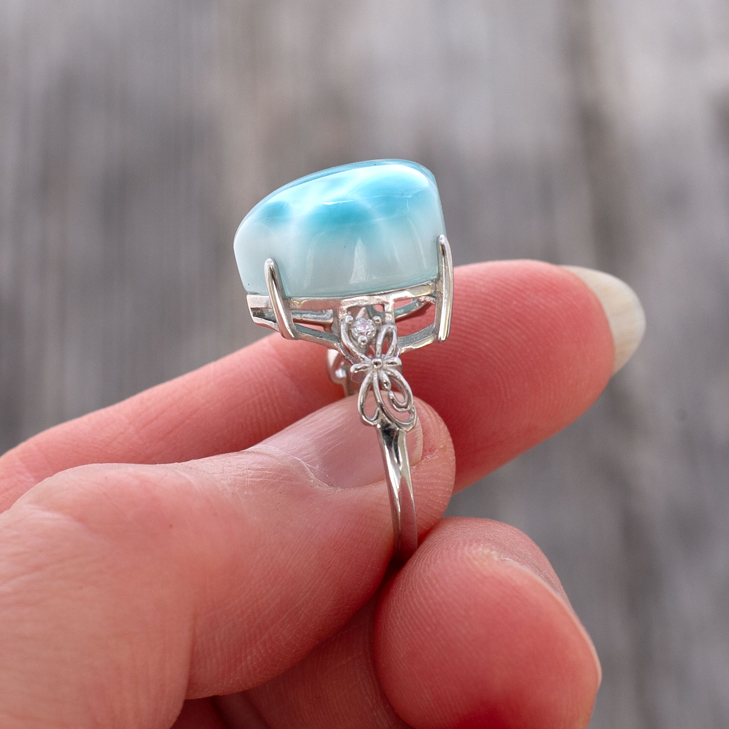 Larimar Ring Herz 15x13x7mm AAA+ / verstellbar / 925 Sterling Silber