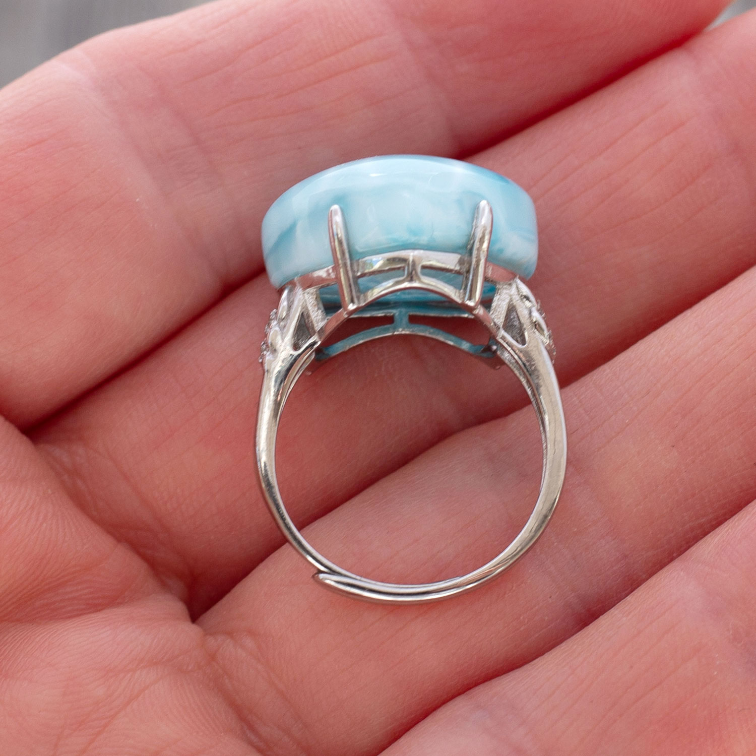Larimar Ring Herz 18x16x7mm AAA+ / verstellbar / 925 Sterling Silber