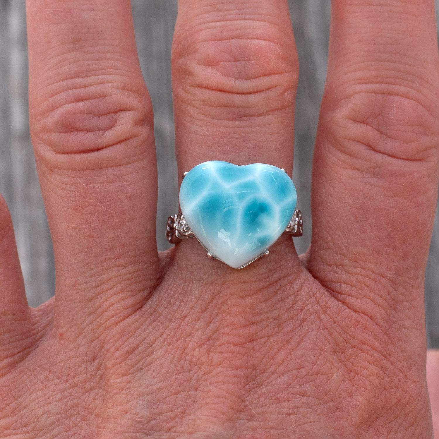 Larimar Ring Herz 17x15x8mm AAA+ / verstellbar / 925 Sterling Silber