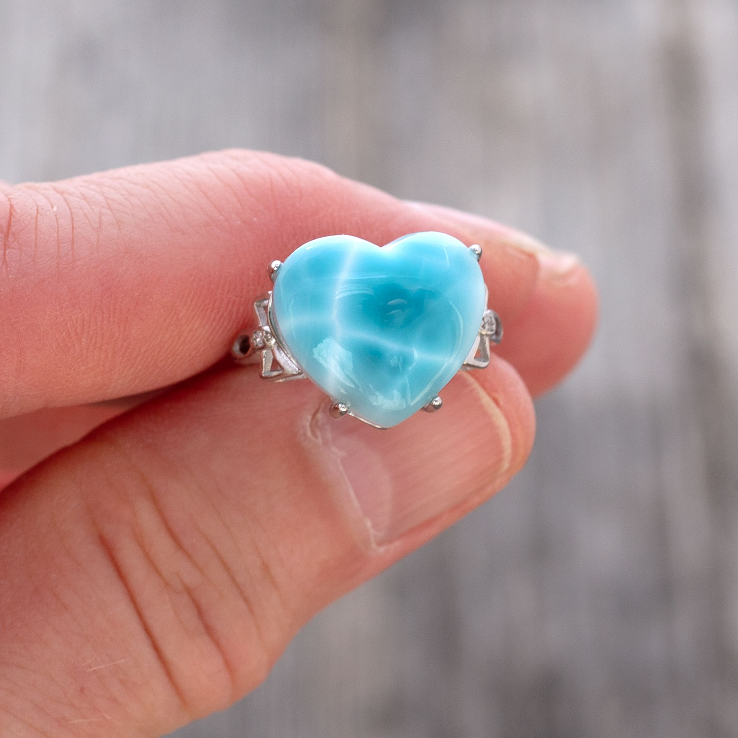 Larimar Ring Herz 15x13x7mm AAA+ / verstellbar / 925 Sterling Silber