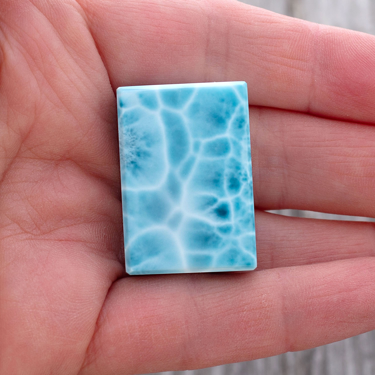 Larimar Cabochon / Fancy Cut 32x22x11,5mm kantige Rechteckform turtle pattern AAA+ matrixfrei Sammlerstück
