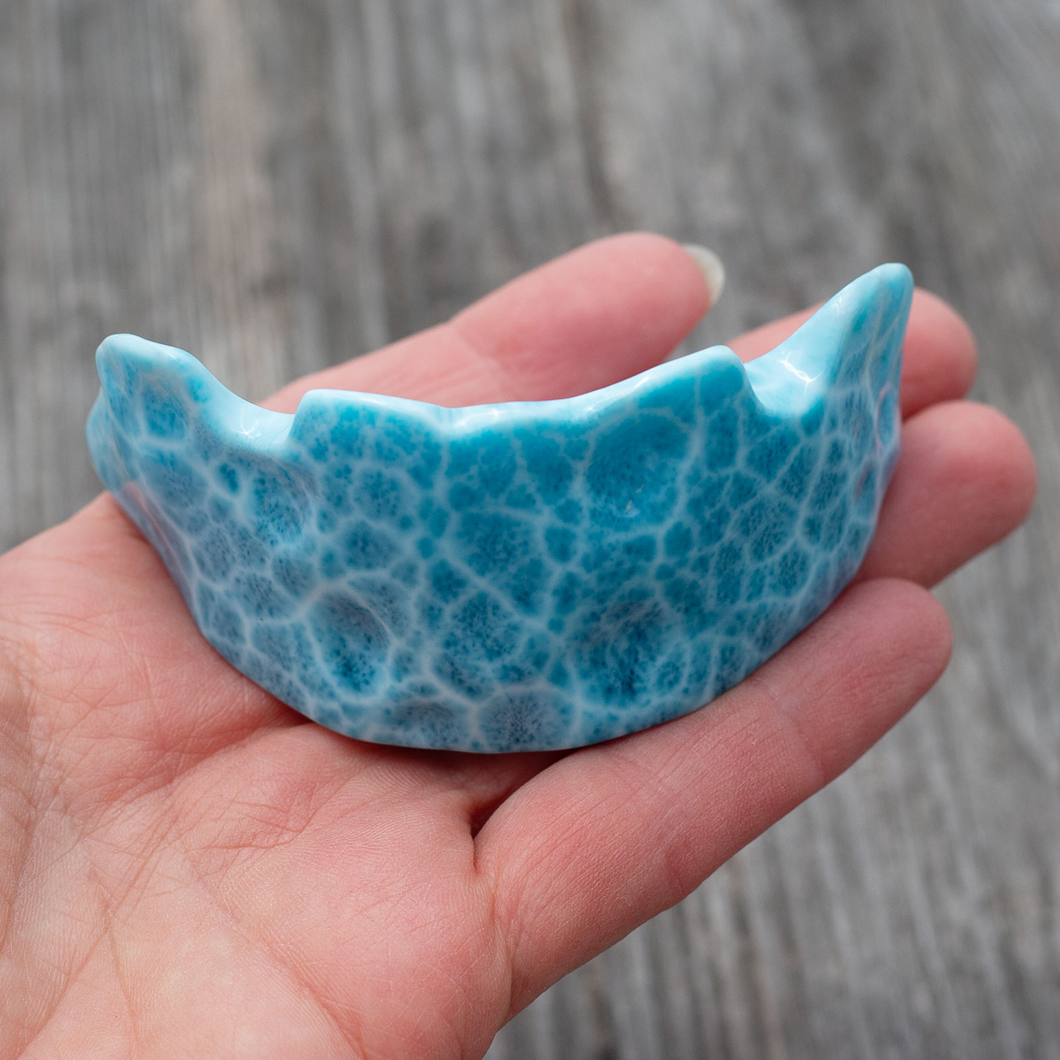 Larimar Freiform Krone ca.79x42x28mm AAA+ matrixfrei turtle pattern Rarität Sammlerstück