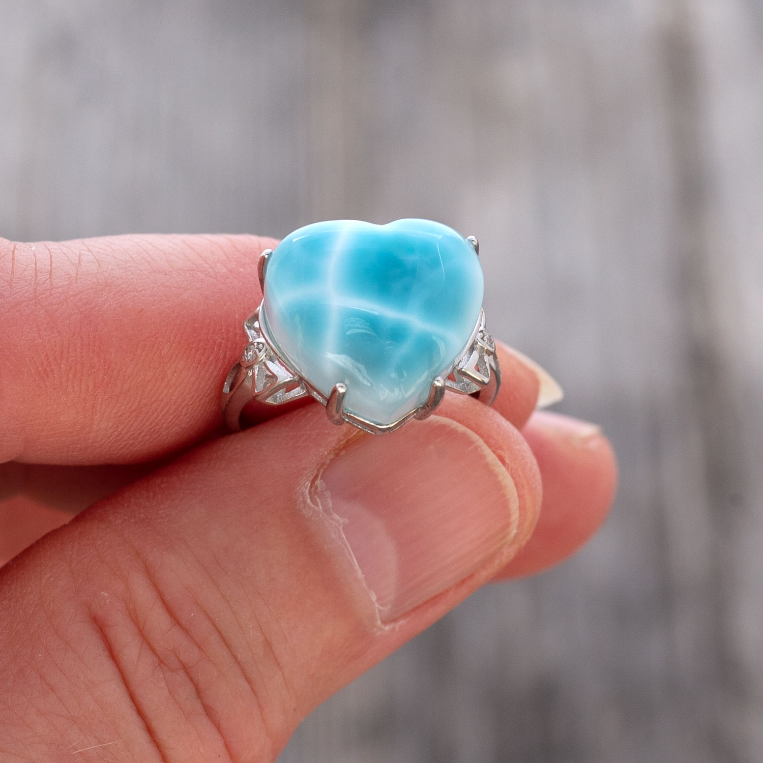 Larimar Ring Herz 15x13x7mm AAA+ / verstellbar / 925 Sterling Silber