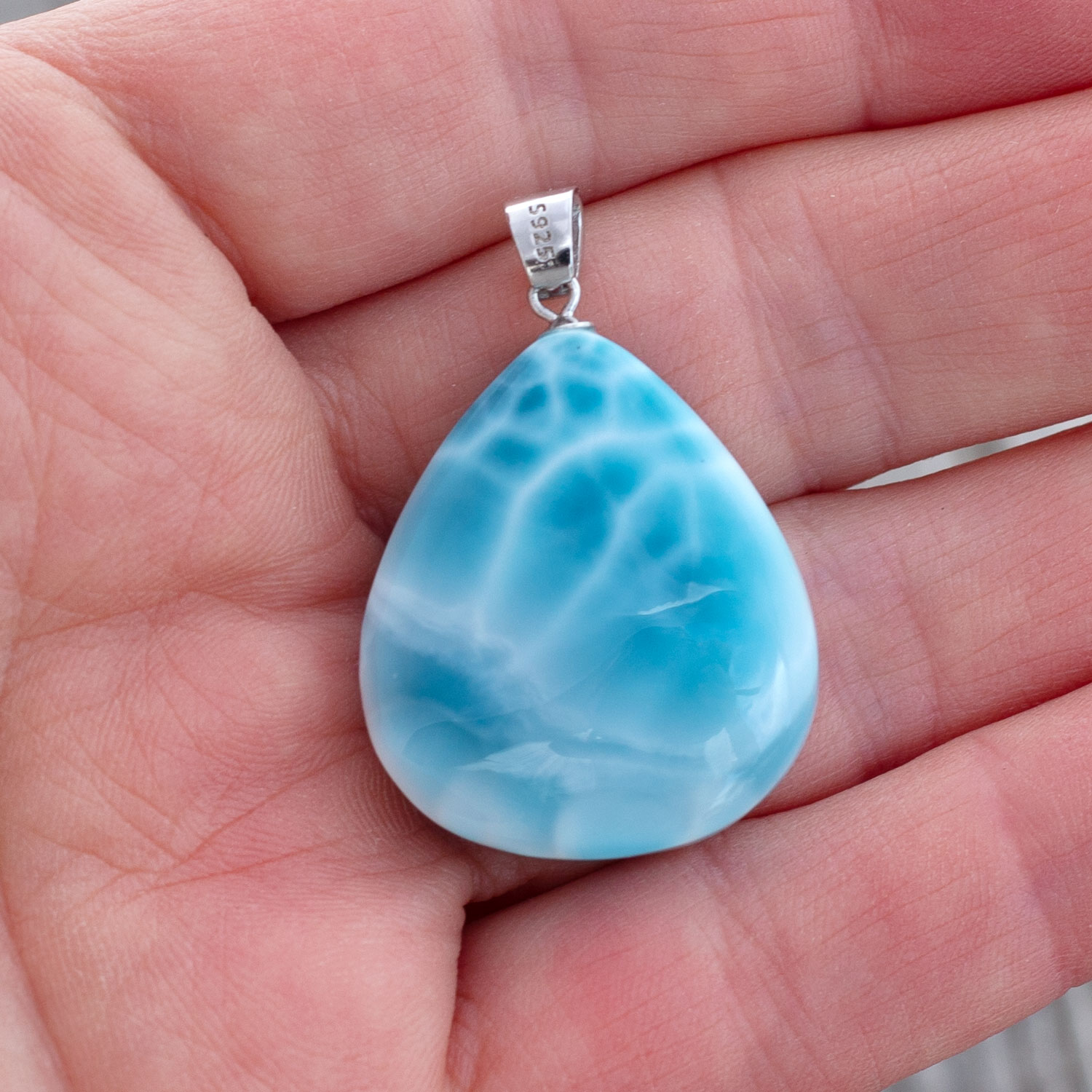 Larimar Anhänger 27x23x9mm Tropfen beidseitig AAA matrixfrei
