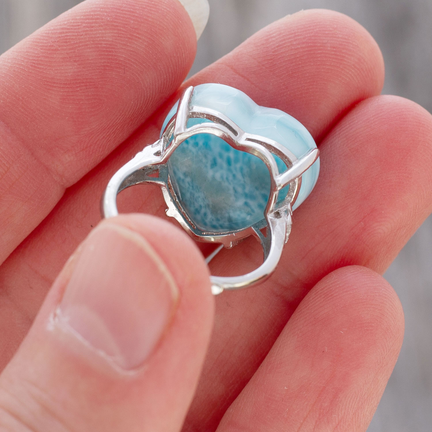 Larimar Ring Herz 18x16x7mm AAA+ / verstellbar / 925 Sterling Silber